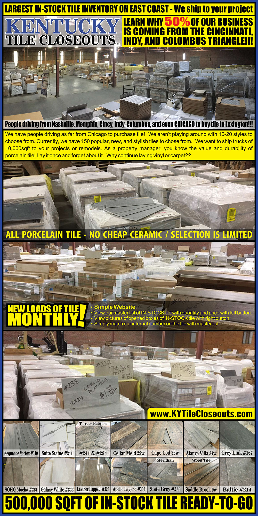 Over 400,000 sqft in-stock & ready to go today - Kentucky Tile Closeouts - home - basement - office - showroom - kitchen - batchroom - mancave